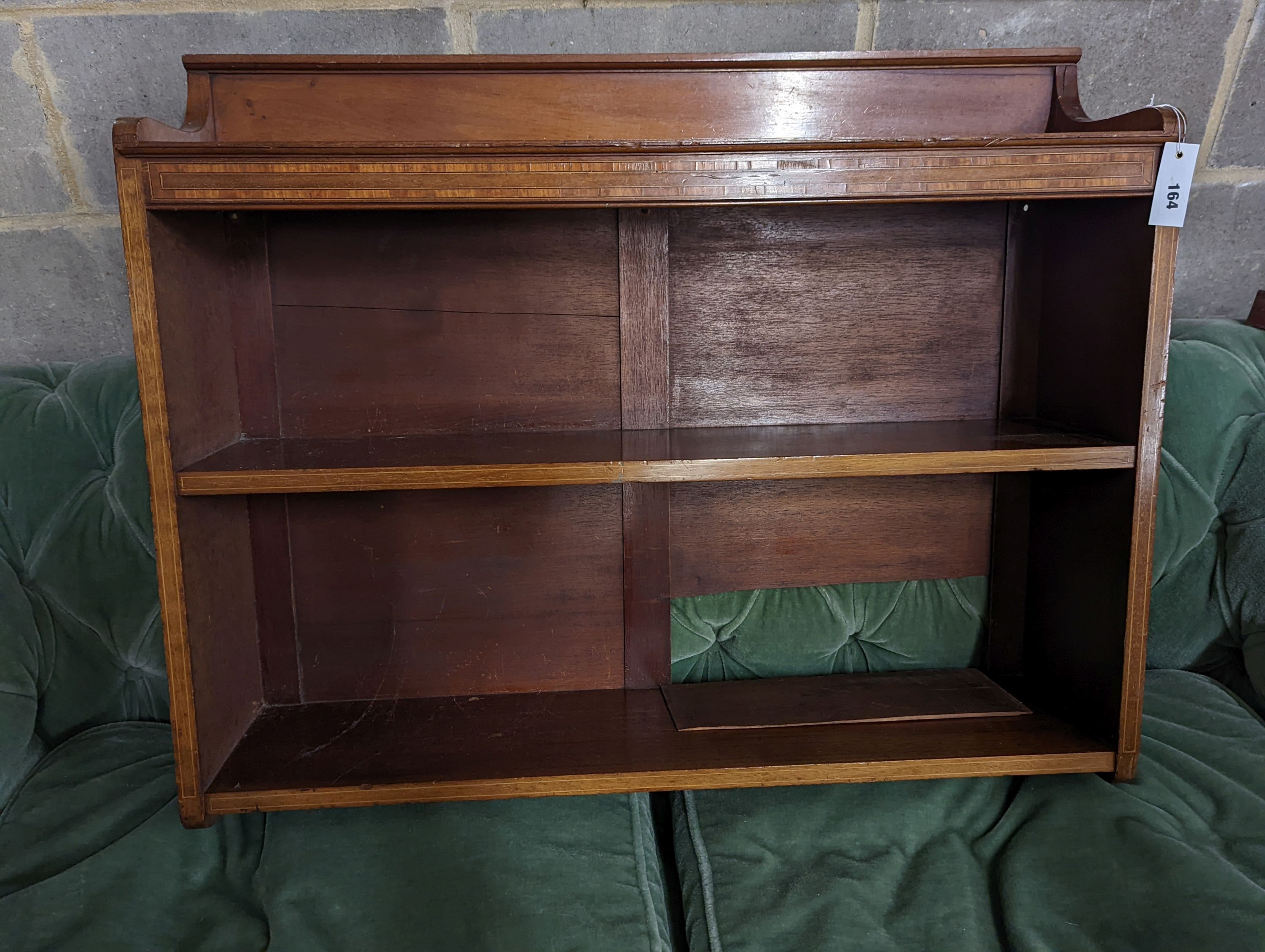 An Edwardian satinwood banded mahogany wall bracket, width 92cm, depth 23cm, height 72cm